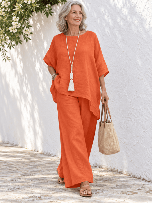 Women’s Cotton-Linen Asymmetric Top & Wide-Leg Pants Set