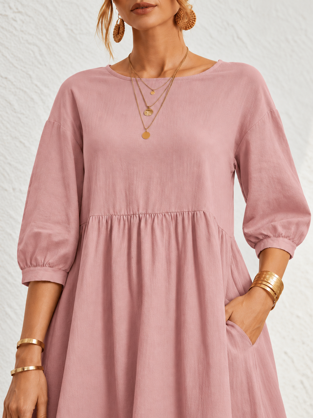 Everyday Gathered-Waist Balloon-Sleeve Pocket Dress