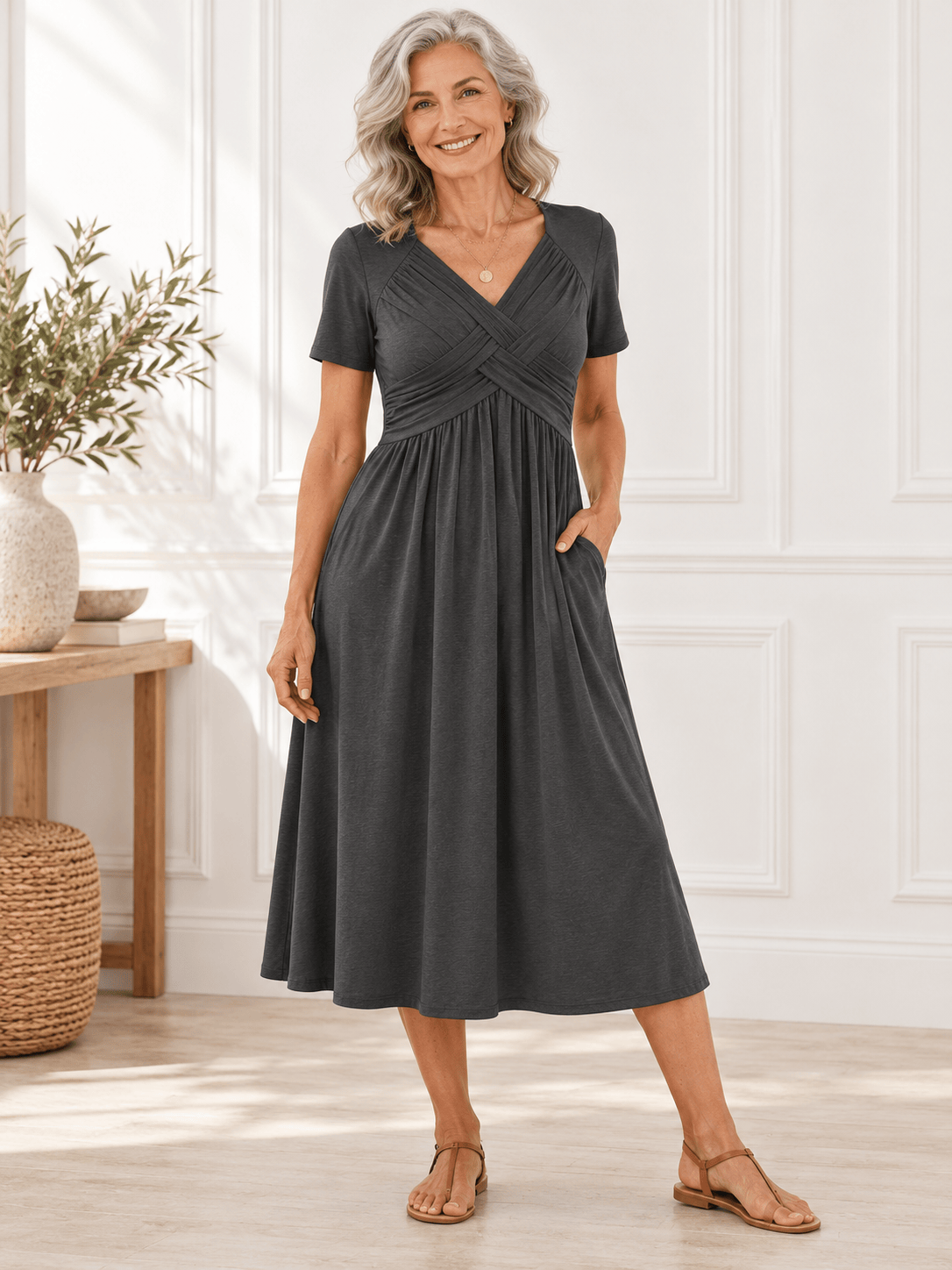Women’s Crossover V-Neck Short-Sleeve Midi Dress with Pockets