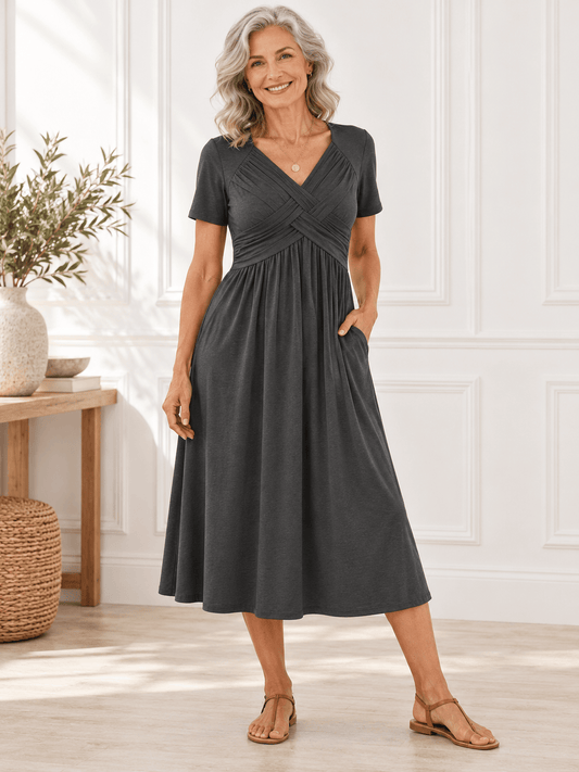 Women’s Crossover V-Neck Short-Sleeve Midi Dress with Pockets