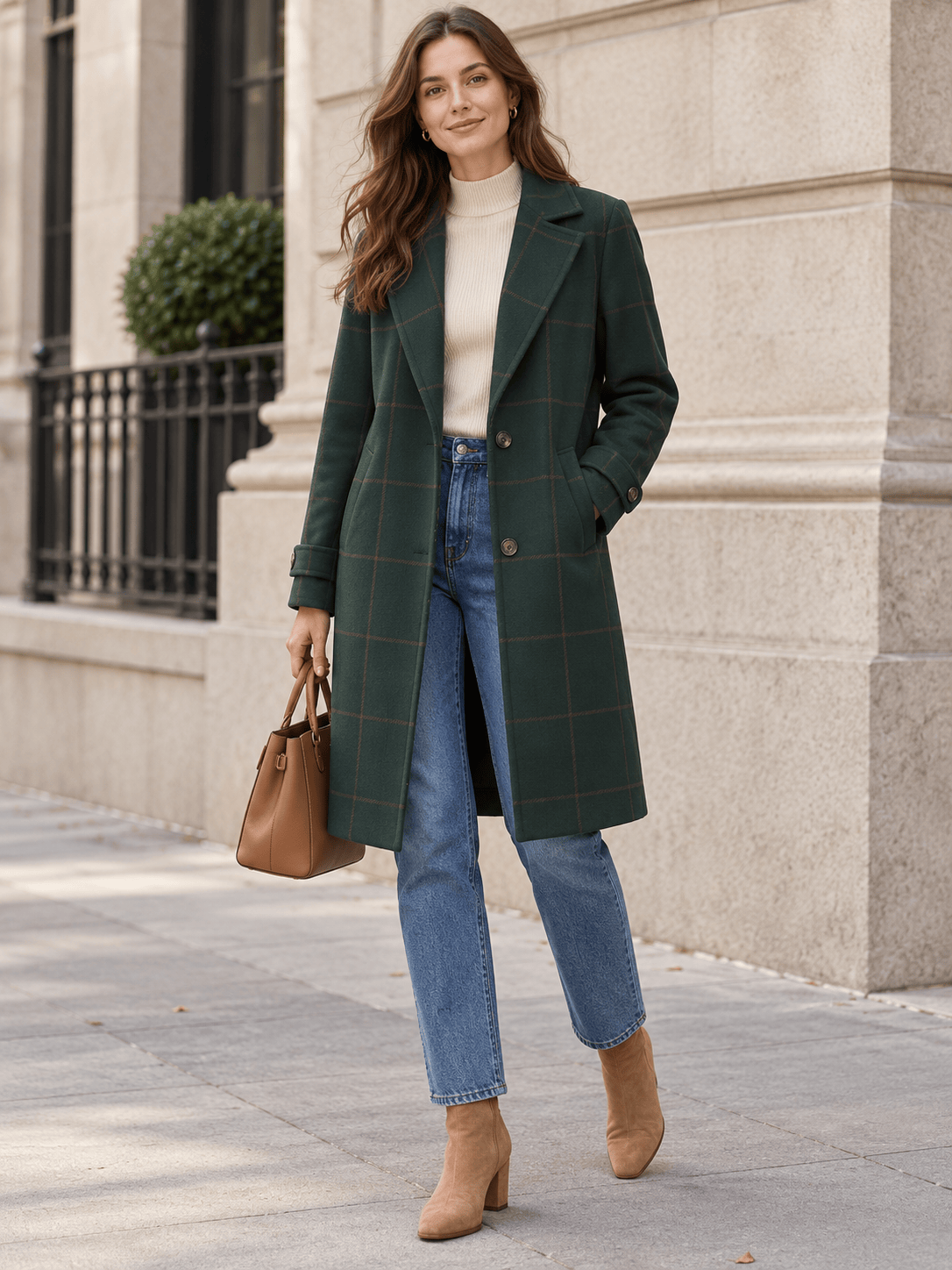 Women’s Windowpane Check Notched-Lapel Longline Coat