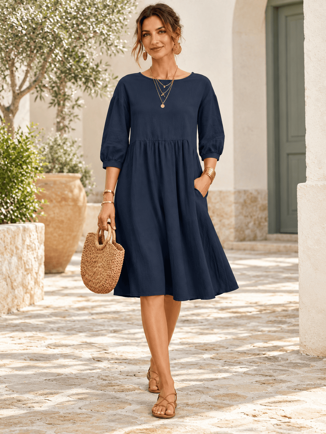 Everyday Gathered-Waist Balloon-Sleeve Pocket Dress