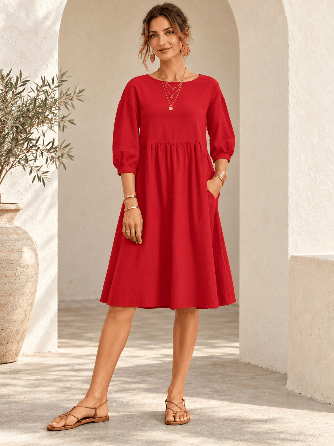 Everyday Gathered-Waist Balloon-Sleeve Pocket Dress