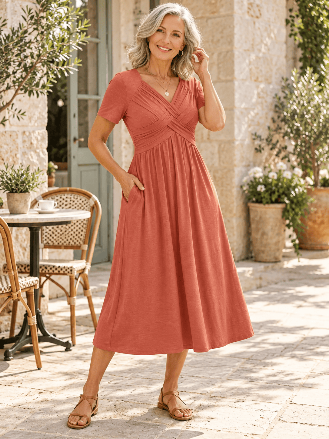 Women’s Crossover V-Neck Short-Sleeve Midi Dress with Pockets