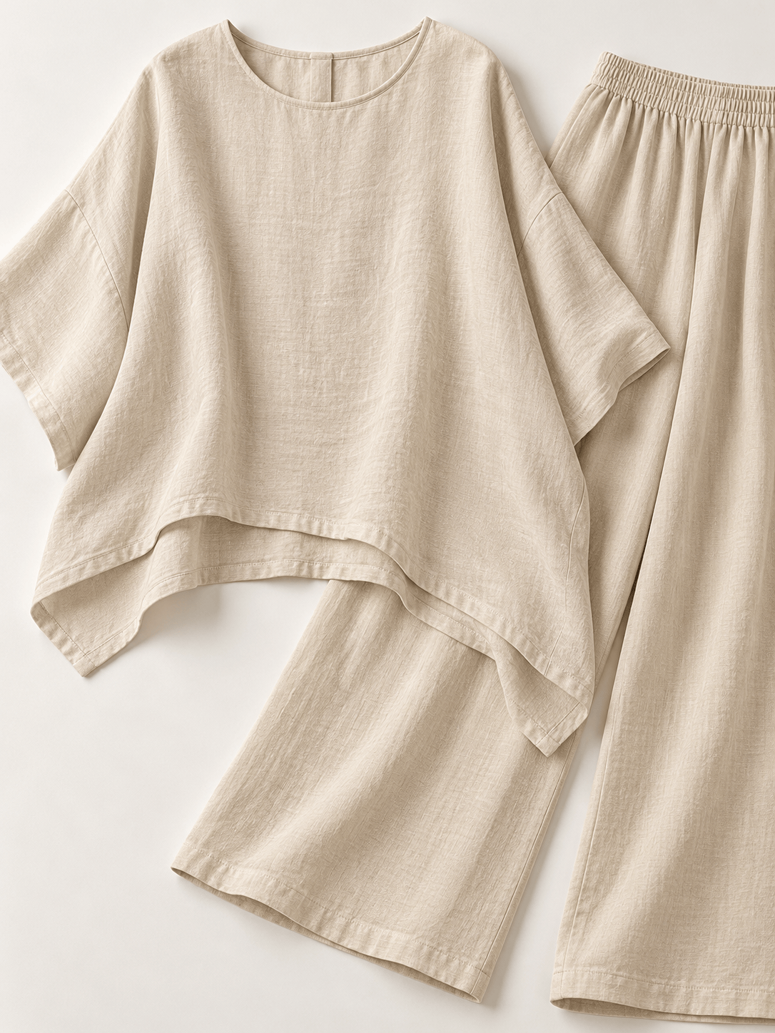 Women’s Cotton-Linen Asymmetric Top & Wide-Leg Pants Set