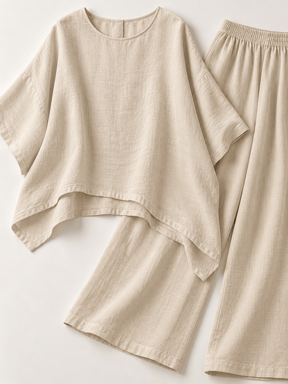 Women’s Cotton-Linen Asymmetric Top & Wide-Leg Pants Set