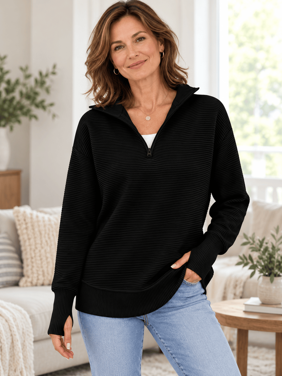 Women’s Ribbed Half-Zip Sweater with Thumbhole Cuffs
