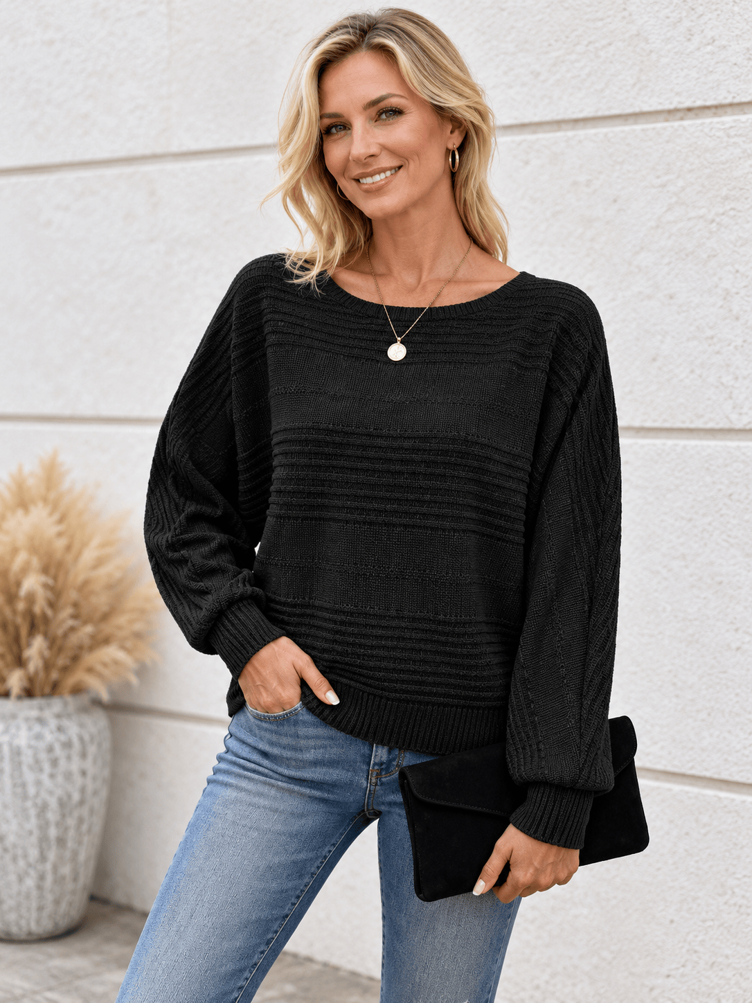 Women’s Textured Knit Relaxed Crewneck Sweater