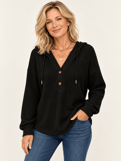 Women’s Everyday Waffle Knit Hooded Henley Top