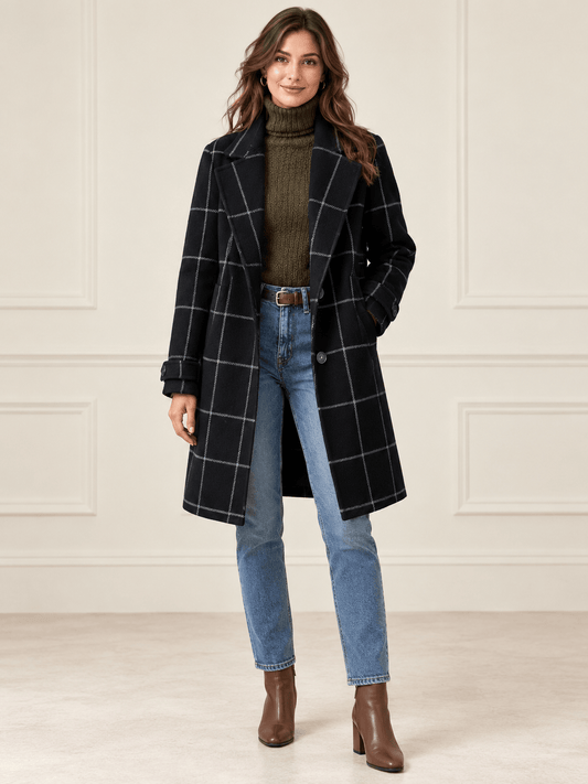 Women’s Windowpane Check Notched-Lapel Longline Coat