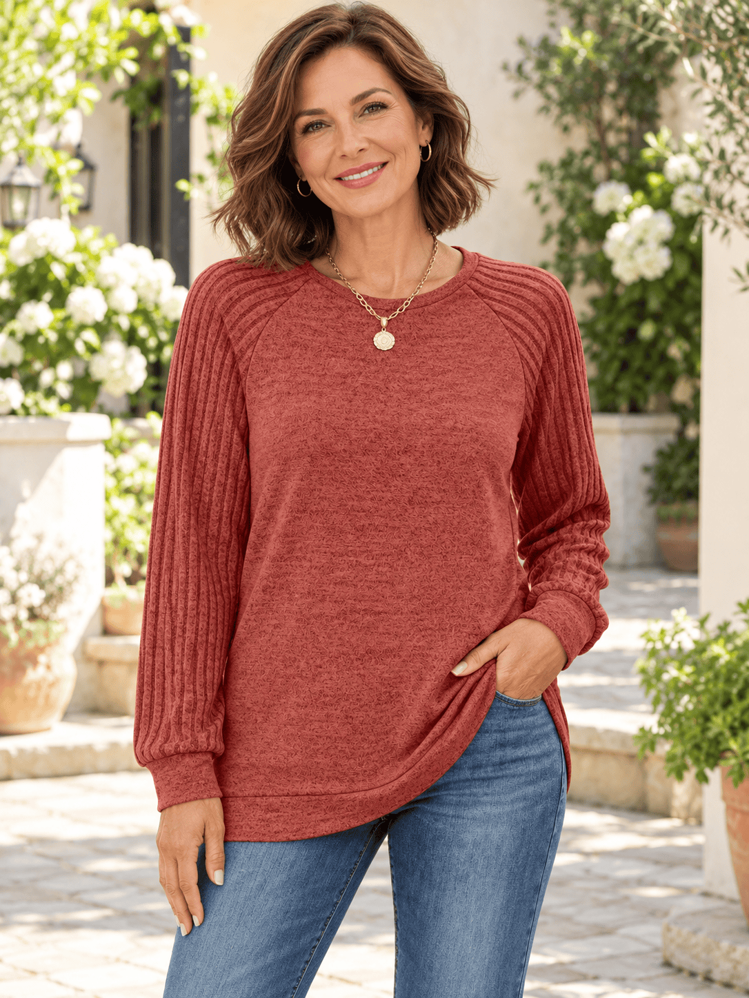 Women’s Textured Raglan Sleeve Crewneck Top