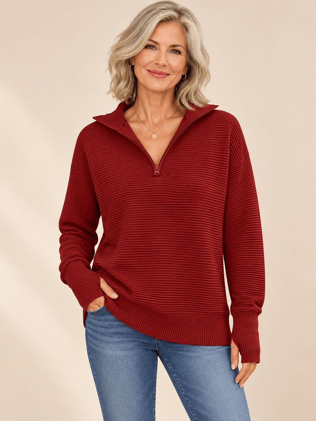 Women’s Ribbed Half-Zip Sweater with Thumbhole Cuffs