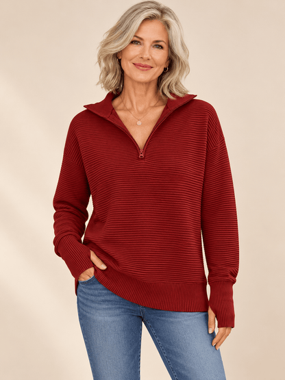 Women’s Ribbed Half-Zip Sweater with Thumbhole Cuffs