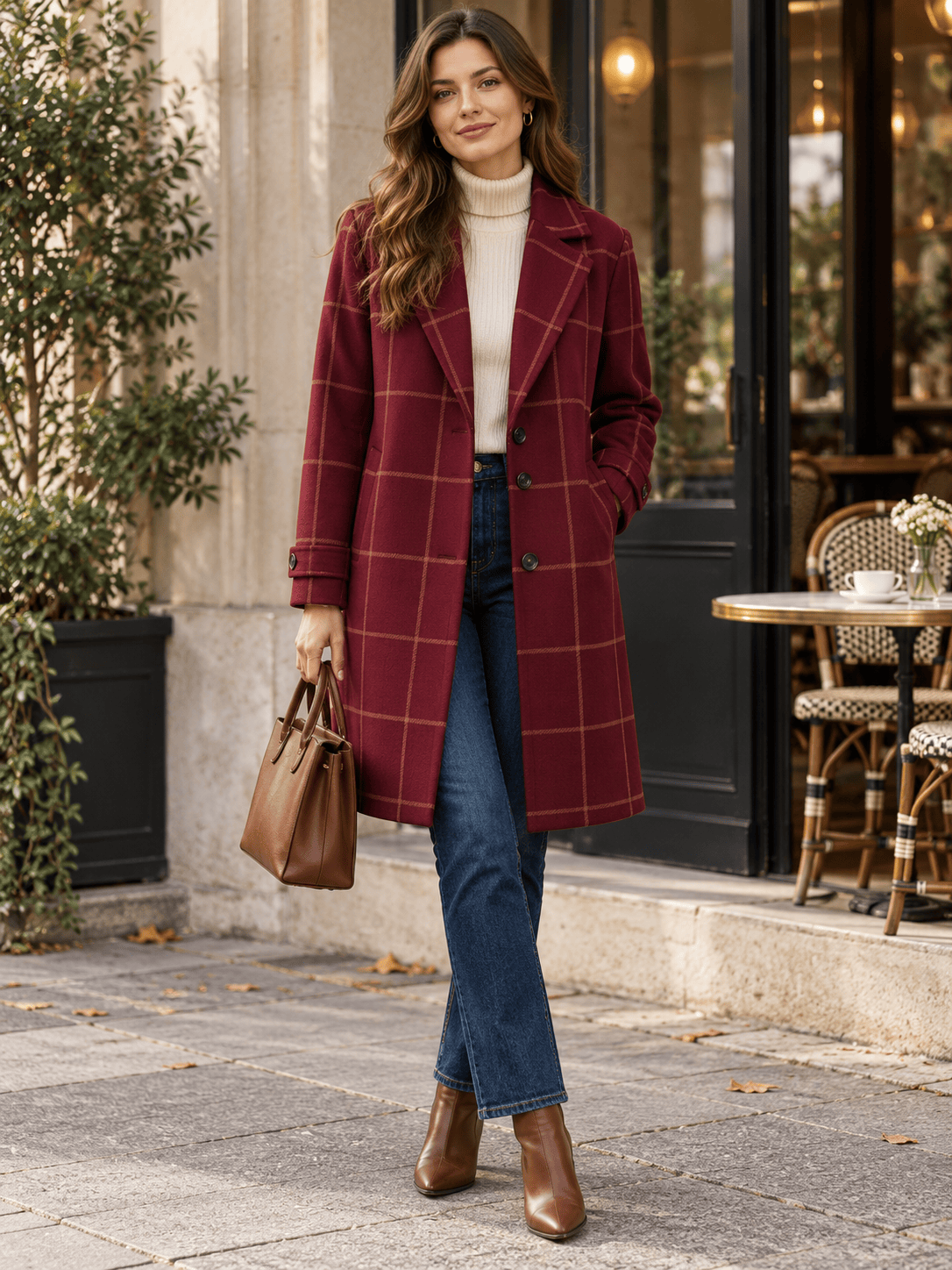 Women’s Windowpane Check Notched-Lapel Longline Coat