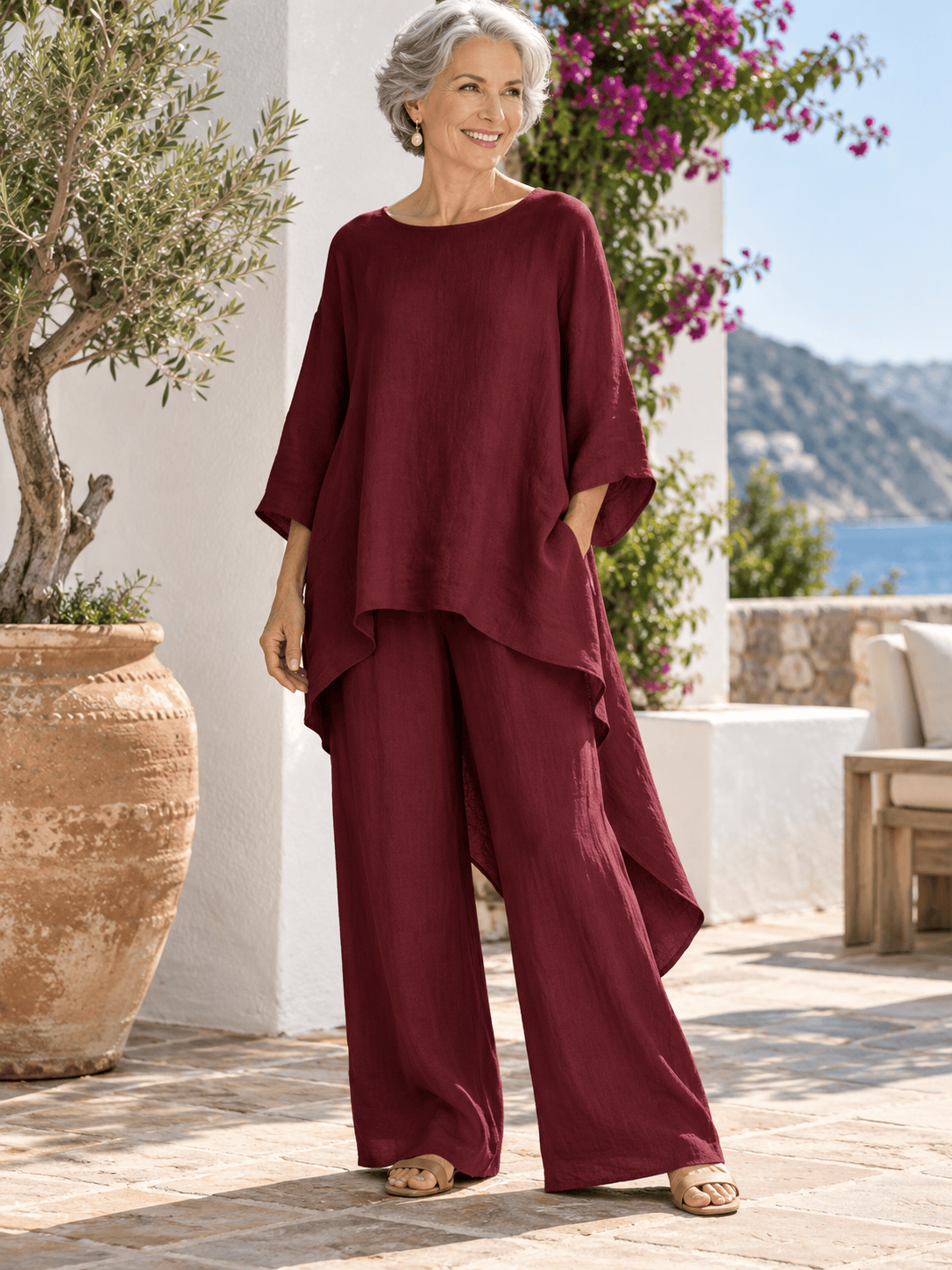Women’s Flowing Asymmetric Tunic & Wide-Leg Pants Set