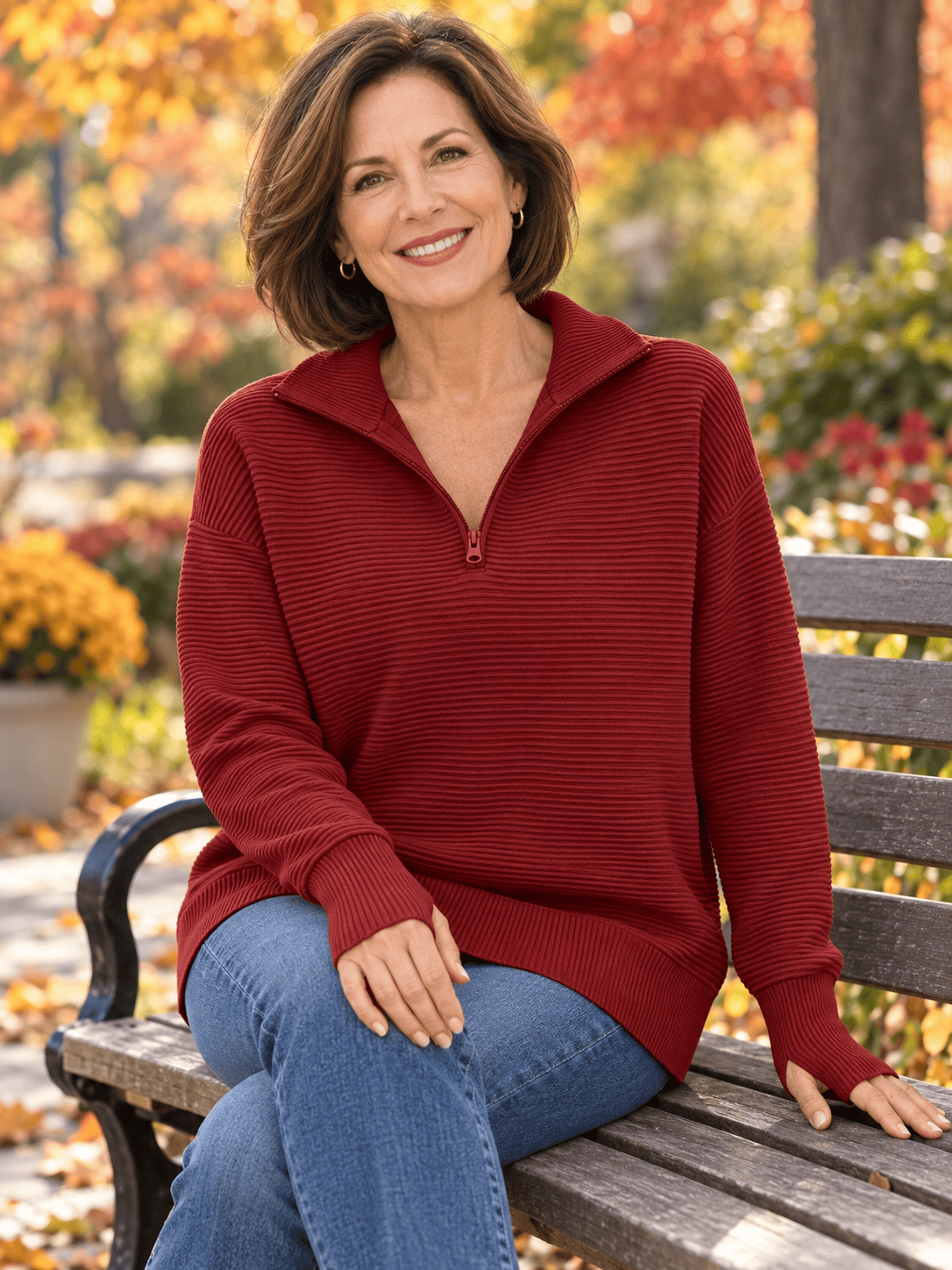 Women’s Ribbed Half-Zip Sweater with Thumbhole Cuffs