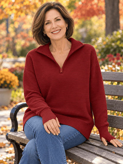 Women’s Ribbed Half-Zip Sweater with Thumbhole Cuffs