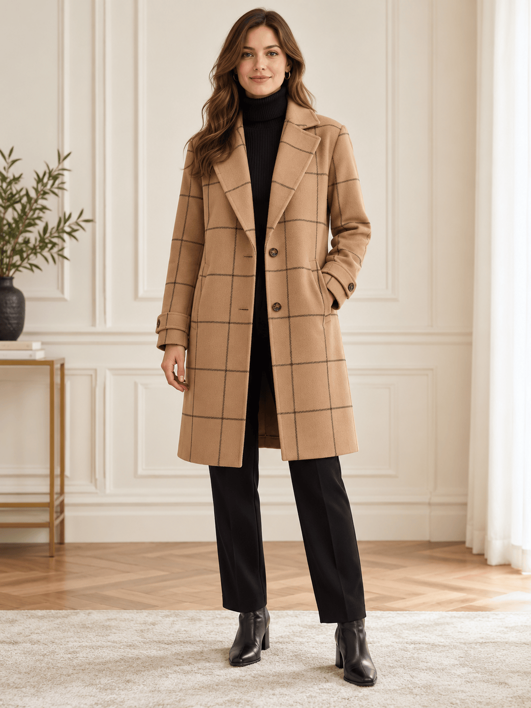 Women’s Windowpane Check Notched-Lapel Longline Coat