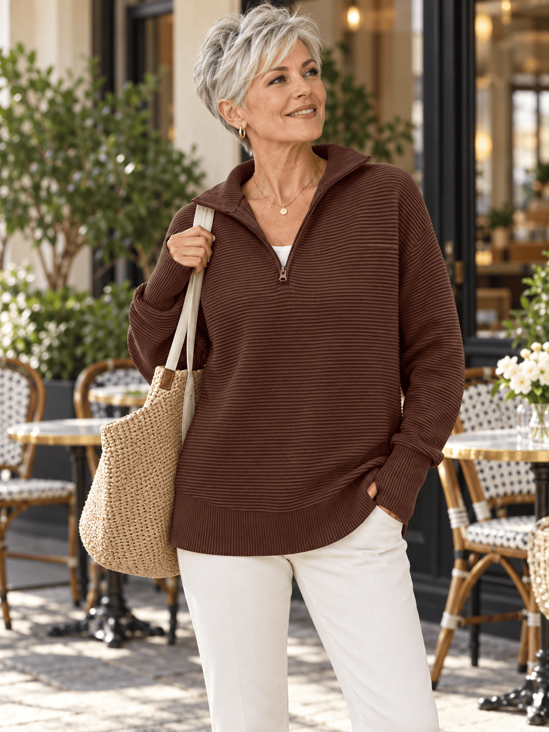 Women’s Ribbed Half-Zip Sweater with Thumbhole Cuffs