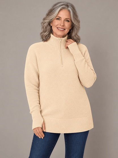 Women’s Ribbed Half-Zip Sweater with Thumbhole Cuffs