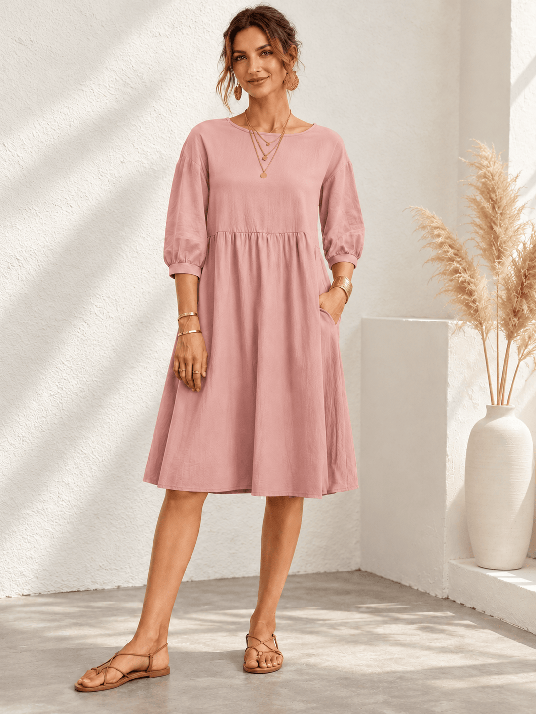 Everyday Gathered-Waist Balloon-Sleeve Pocket Dress