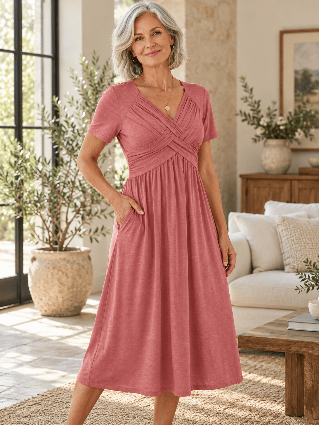 Women’s Crossover V-Neck Short-Sleeve Midi Dress with Pockets