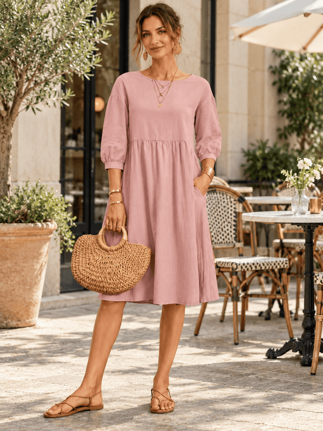 Everyday Gathered-Waist Balloon-Sleeve Pocket Dress