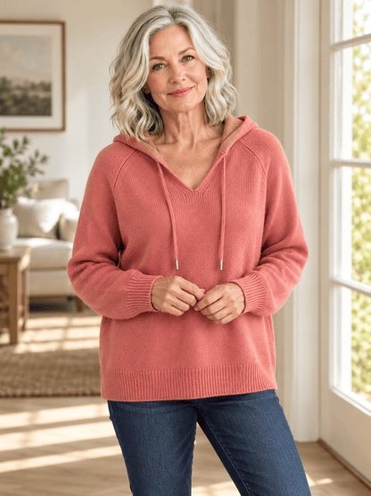 Women’s Relaxed V-Neck Hooded Knit Sweater