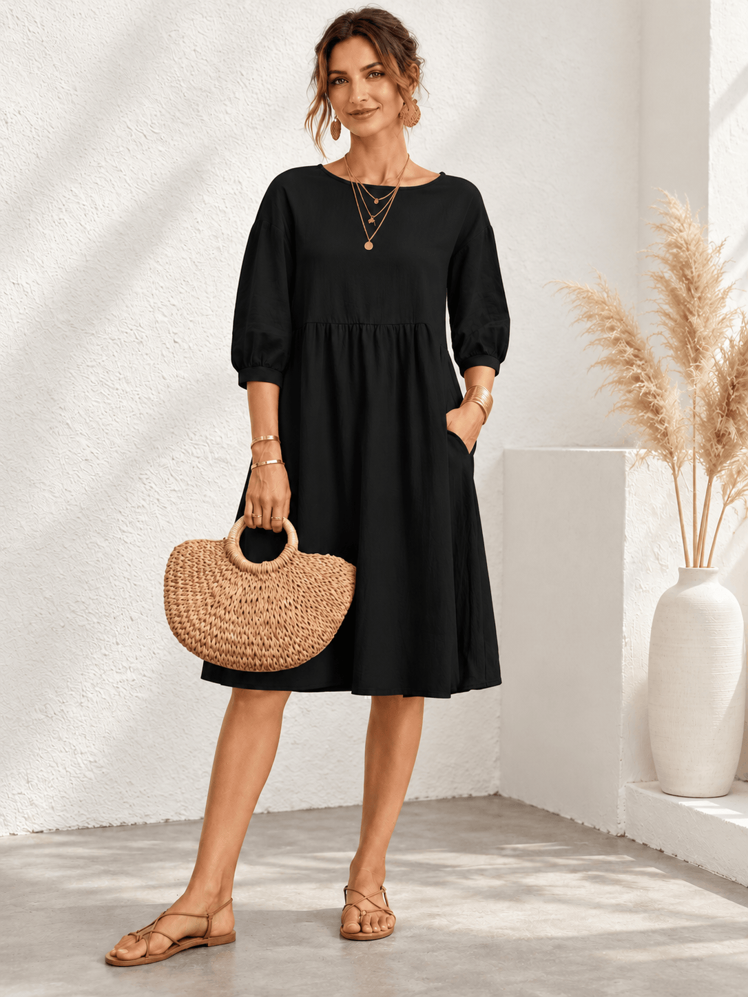 Everyday Gathered-Waist Balloon-Sleeve Pocket Dress
