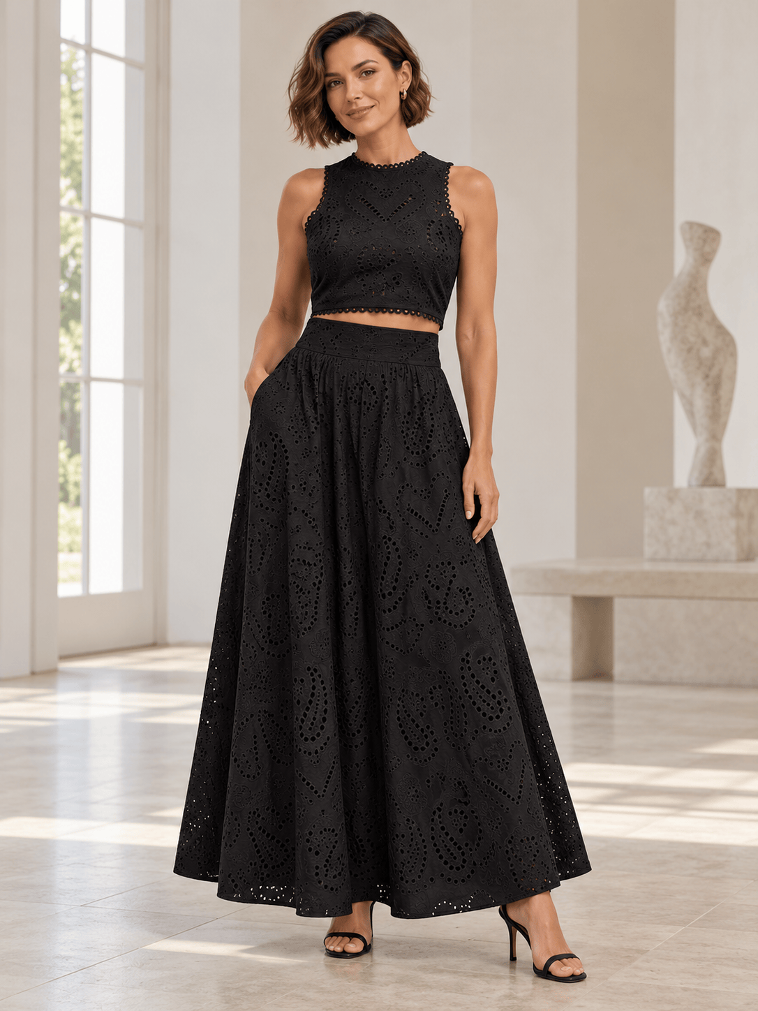 Women’s Eyelet Lace Crop Top & Maxi Skirt Set