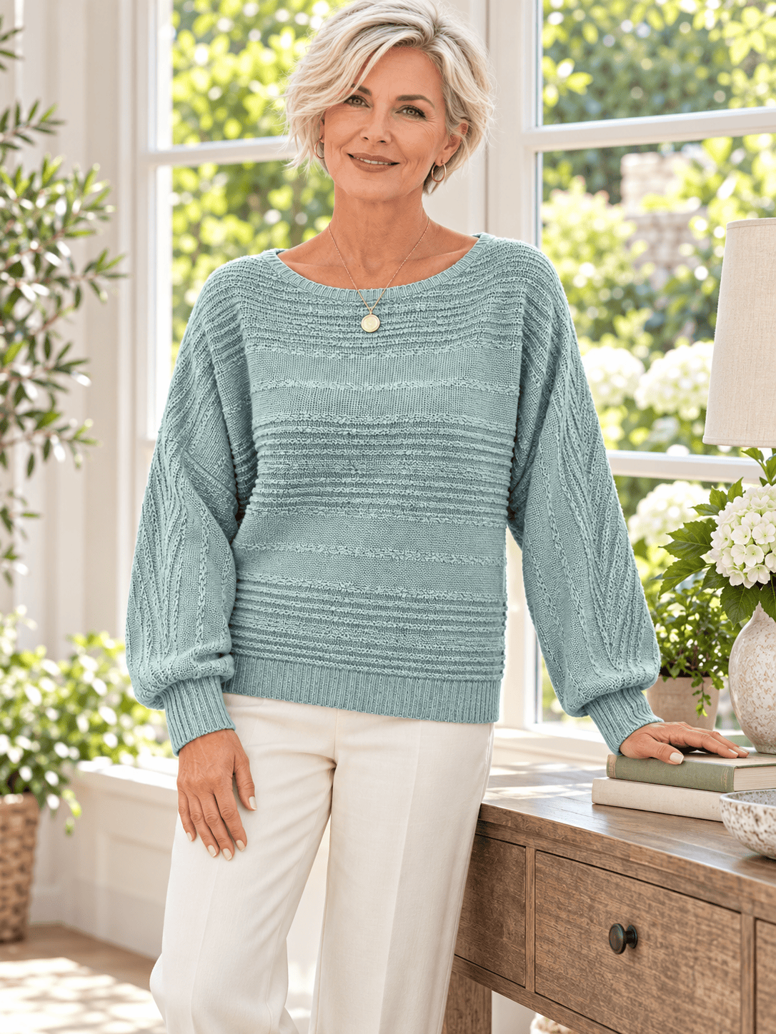 Women’s Textured Knit Relaxed Crewneck Sweater