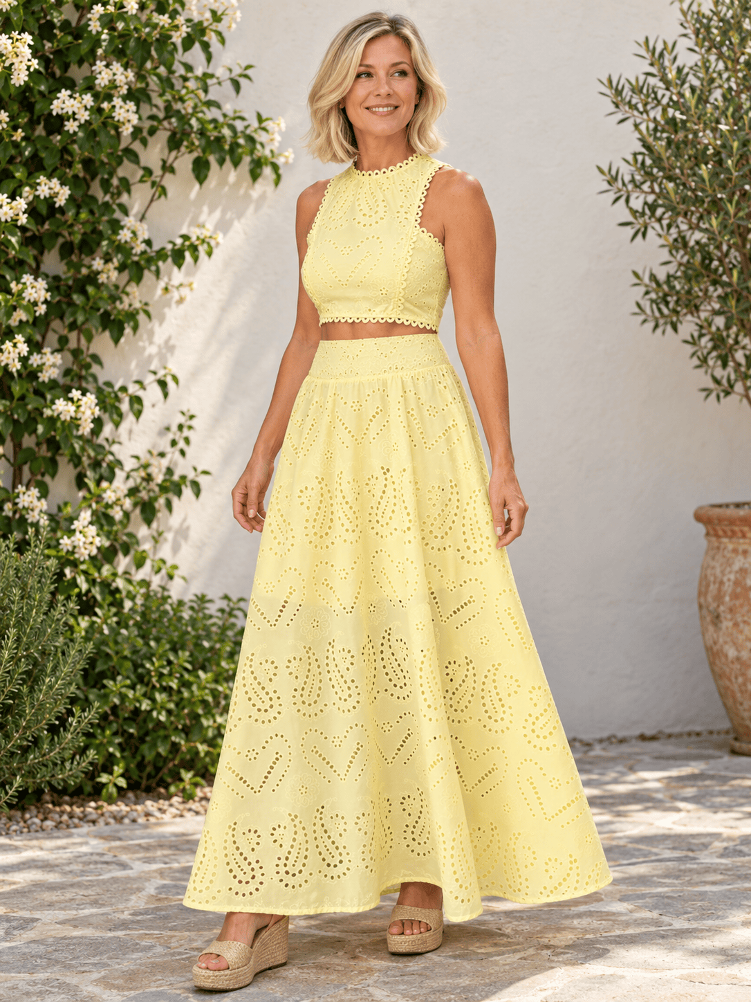 Women’s Eyelet Lace Crop Top & Maxi Skirt Set