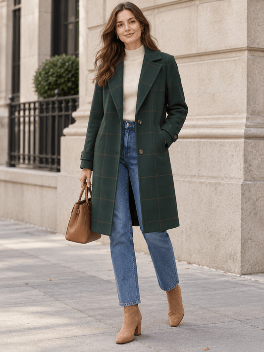 Women’s Windowpane Check Notched-Lapel Longline Coat