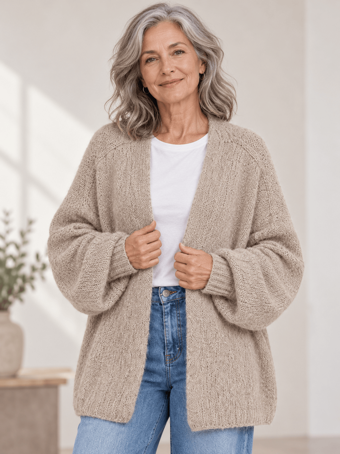 Women’s Oversized Balloon-Sleeve Open-Front Knit Cardigan