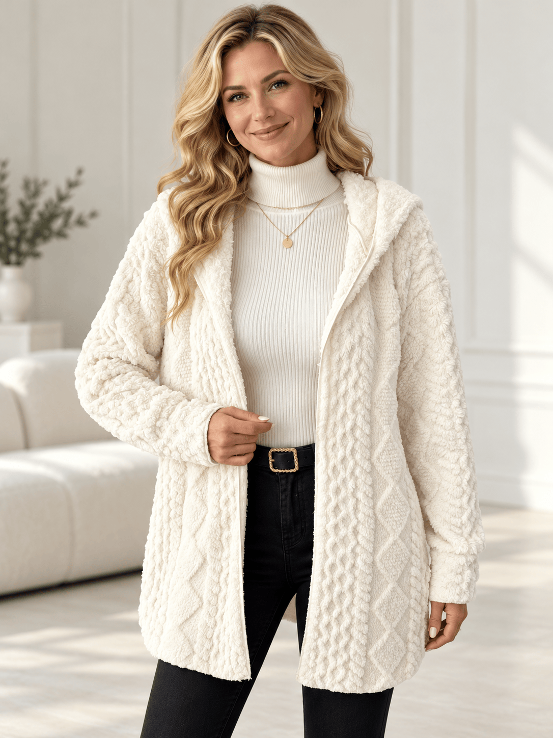 Women’s Textured Plush Hooded Open-Front Cardigan