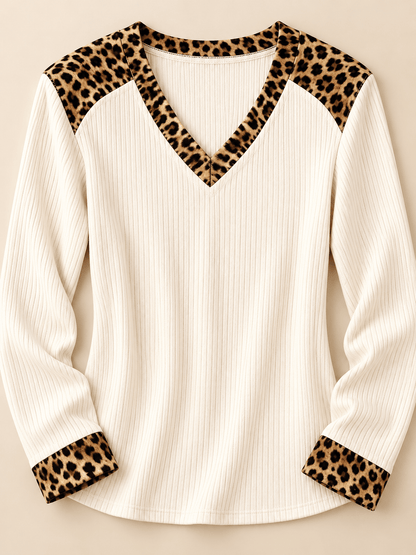 Women’s Leopard-Trim Ribbed V-Neck Long Sleeve Top