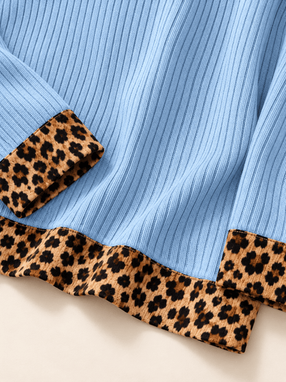 Women’s Leopard-Trim Ribbed V-Neck Long Sleeve Top