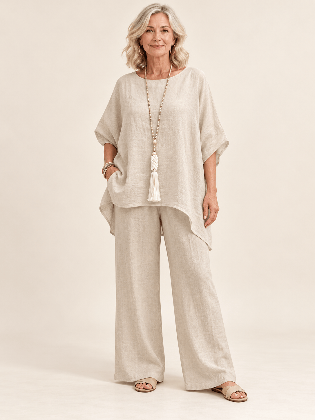 Women’s Cotton-Linen Asymmetric Top & Wide-Leg Pants Set