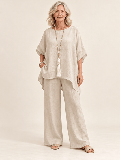 Women’s Cotton-Linen Asymmetric Top & Wide-Leg Pants Set
