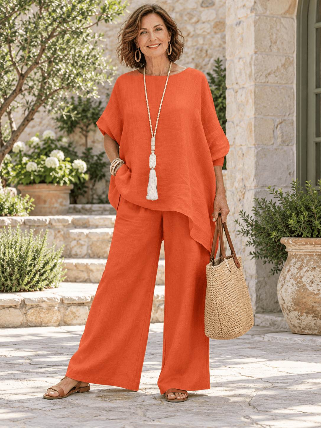 Women’s Cotton-Linen Asymmetric Top & Wide-Leg Pants Set