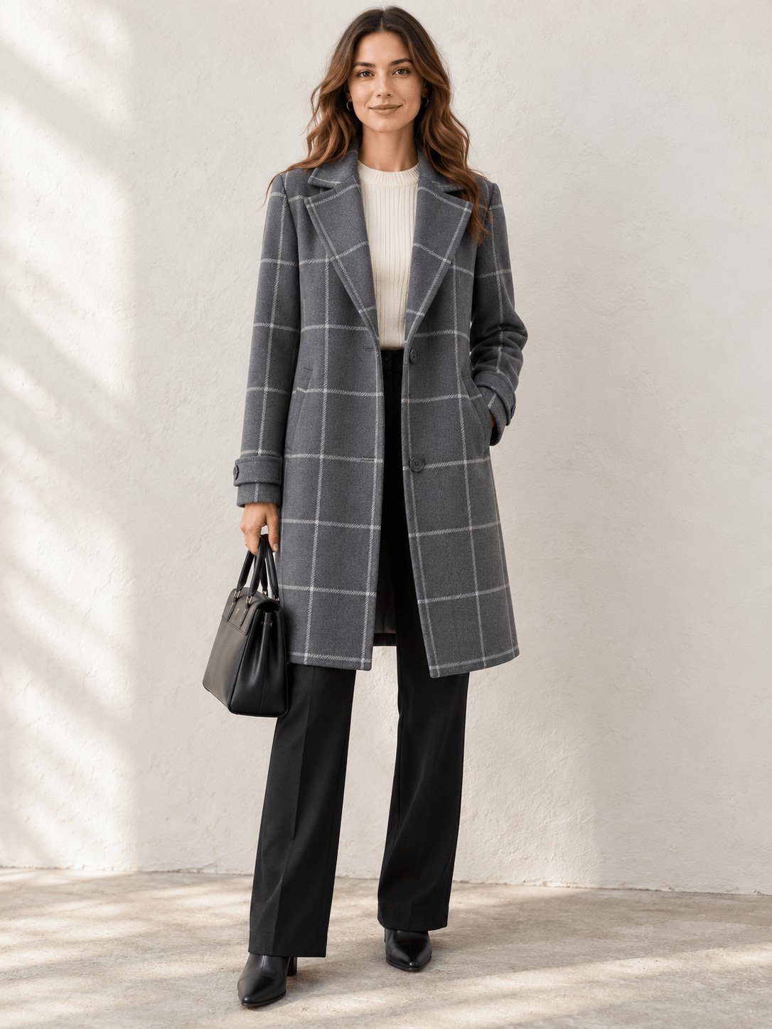 Women’s Windowpane Check Notched-Lapel Longline Coat