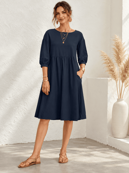 Everyday Gathered-Waist Balloon-Sleeve Pocket Dress
