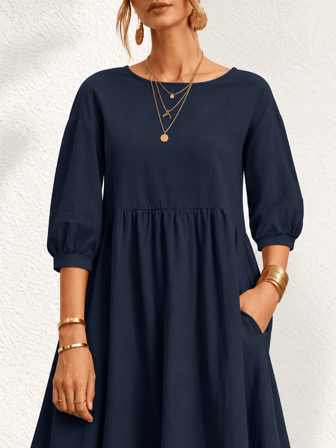 Everyday Gathered-Waist Balloon-Sleeve Pocket Dress