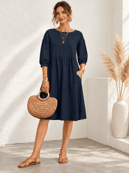 Everyday Gathered-Waist Balloon-Sleeve Pocket Dress
