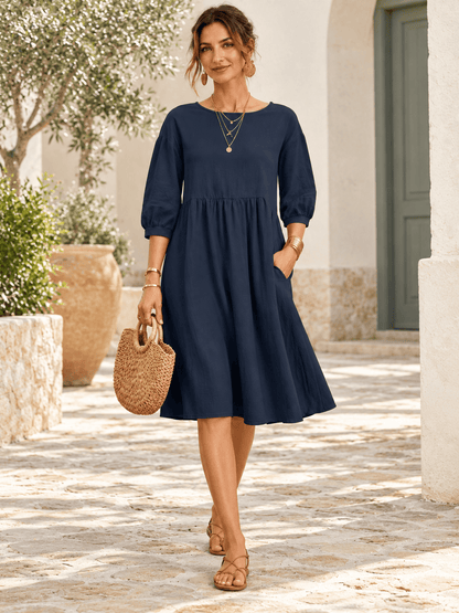 Everyday Gathered-Waist Balloon-Sleeve Pocket Dress