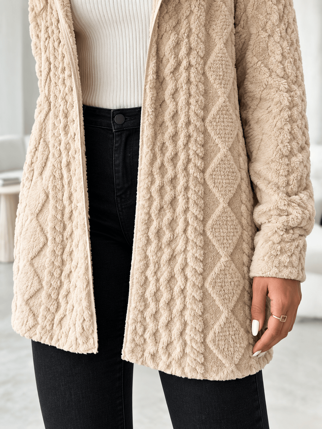 Women’s Textured Plush Hooded Open-Front Cardigan
