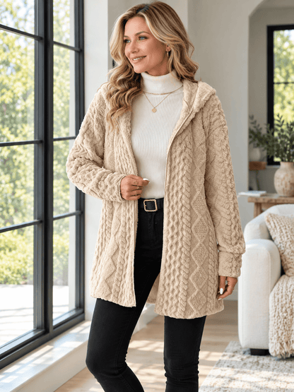 Women’s Textured Plush Hooded Open-Front Cardigan