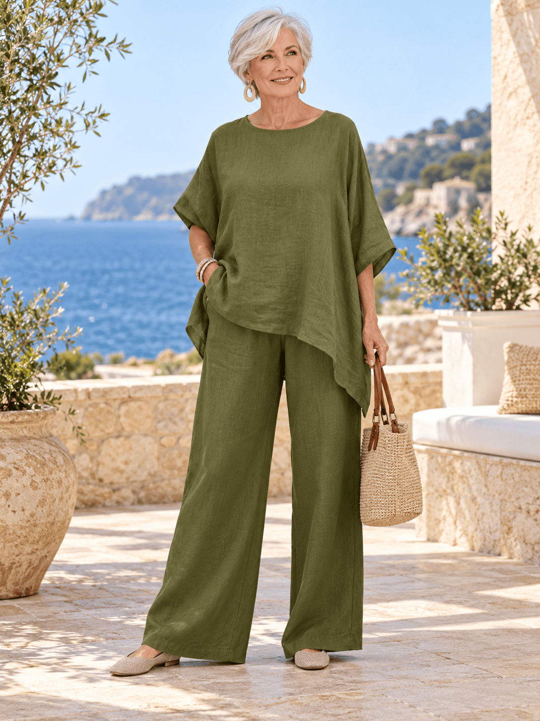 Women’s Cotton-Linen Asymmetric Top & Wide-Leg Pants Set