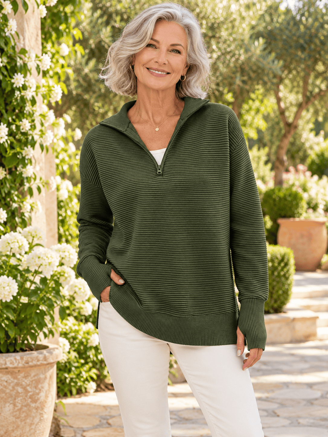 Women’s Ribbed Half-Zip Sweater with Thumbhole Cuffs