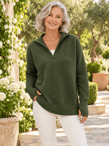 Women’s Ribbed Half-Zip Sweater with Thumbhole Cuffs